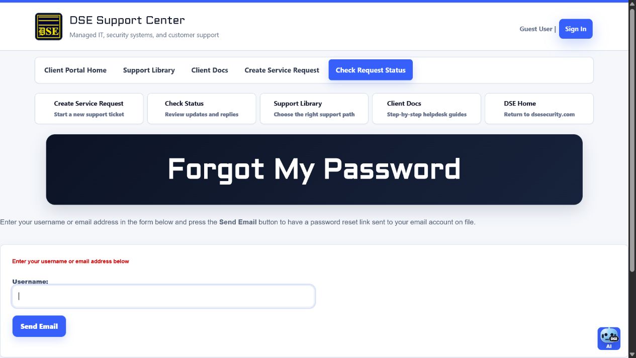 DSE Support password recovery page.