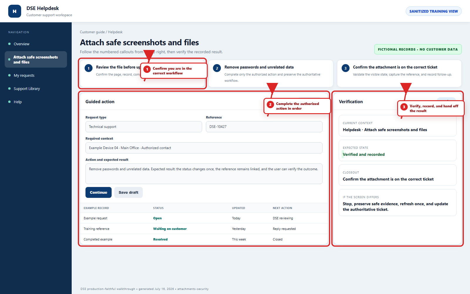 Annotated DSE walkthrough for Copy, paste, keyboard shortcuts, and privacy during remote support with three numbered red callouts.