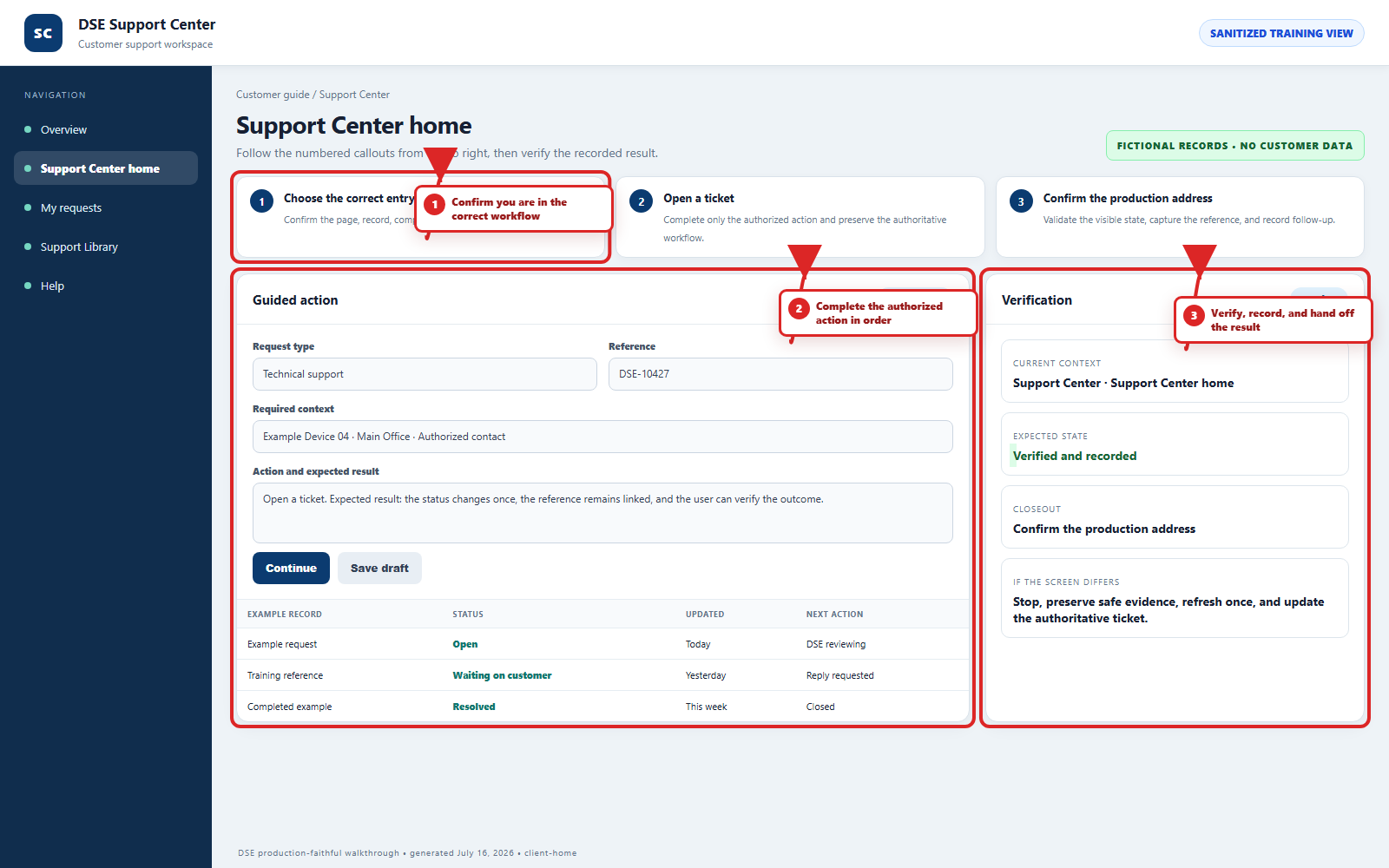 Annotated DSE walkthrough for Create and use your customer account with three numbered red callouts.
